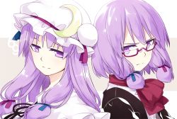 Rule 34 | 2girls, alternate hair length, alternate hairstyle, ascot, bespectacled, blue ribbon, commentary request, crescent, dual persona, glasses, hair ribbon, hat, hat ribbon, long hair, looking at viewer, mob cap, multiple girls, patchouli knowledge, purple eyes, purple hair, purple ribbon, ribbon, sakuraba yuuki, touhou, aged down