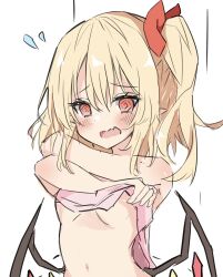 Rule 34 | 1girl, @ @, blonde hair, blush, breasts, crystal, fang, flandre scarlet, flying sweatdrops, highres, looking at viewer, medium hair, nono54558, one side up, open mouth, pointy ears, red eyes, simple background, skin fang, small breasts, solo, touhou, undressing, upper body, white background, wings