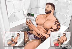 Rule 34 | 1boy, abs, arm tattoo, bara, bathing, bathroom, bathtub, beard, black hair, book, chest hair, clothed bath, completely nude, convenient censoring, earrings, facial hair, feet out of frame, glint, grey male swimwear, highres, holding, holding book, inset, jewelry, katto8452, large pectorals, male focus, male swimwear, muscular, muscular male, mustache, navel hair, nipples, nude, open clothes, open shirt, original, paid reward available, parted lips, patreon logo, patreon username, pectorals, penis, reading, shirt, short hair, signature, sitting, stud earrings, tattoo, testicles, tiles, uncensored, undercut, variations, wet, wet clothes, wet shirt, white shirt