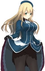 Rule 34 | 10s, 1girl, atago (kancolle), beret, black gloves, black pantyhose, blonde hair, blue dress, blue eyes, blue hat, blue jacket, blush, breasts, closed mouth, clothes lift, cowboy shot, dress, dress lift, gloves, hat, highres, jacket, kantai collection, large breasts, long hair, long sleeves, looking at viewer, masukuza j, pantyhose, simple background, solo, upper body, white background