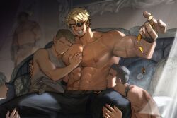 Rule 34 | 5boys, abs, absurdres, bara, belt, black belt, black pants, blonde hair, chain necklace, eyepatch, faceless, faceless male, facial hair, grey hair, highres, jewelry, large pectorals, looking at another, male focus, male harem, multiple boys, muscular, muscular male, navel, necklace, nipples, original, pants, pectorals, peterhl, ring, scar, scar on stomach, short hair, sitting, smile, teeth, topless male, yaoi