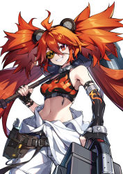 Rule 34 | 1girl, :d, absurdres, ahoge, asymmetrical gloves, bare shoulders, belt, belt pouch, black gloves, breasts, bright pupils, cowboy shot, crop top, elbow gloves, eyepatch, fingerless gloves, foreshortening, gloves, grin, hair between eyes, highres, holding, holding weapon, huge weapon, koleda belobog, kurisu~tina, long hair, looking at viewer, medium breasts, midriff, navel, open mouth, pants, parted lips, pouch, quad tails, red eyes, red hair, sharp teeth, simple background, smile, solo, stomach, teeth, v-shaped eyebrows, very long hair, weapon, white background, white pants, zenless zone zero