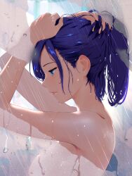 Rule 34 | 1girl, a-chan (hololive), absurdres, blue eyes, blue hair, cohi27151463, commentary, expressionless, from side, hand in own hair, highres, hololive, lips, looking down, medium hair, parted lips, ponytail, profile, shower (place), showering, solo, steam, topless, upper body, virtual youtuber, wet, wet hair
