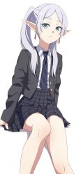 Rule 34 | 1girl, absurdres, frieren, green eyes, grey hair, highres, looking at viewer, na-suke, necktie, pointy ears, simple background, sitting, solo, sousou no frieren, twintails