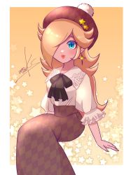 Rule 34 | 1girl, alternate costume, black bow, blonde hair, blouse, blue eyes, bow, earrings, hair over one eye, hat, highres, jewelry, long hair, looking at viewer, mario (series), nintendo, nonoworks, rosalina, shirt, signature, smile, solo, star (symbol), star earrings, super mario galaxy