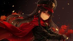 Rule 34 | 1girl, black gloves, black hair, cape, crest, family crest, fate (series), floating hair, flower, gloves, grin, hair between eyes, hat, koha-ace, koruta (nekoimo), long hair, looking at viewer, military, military hat, military uniform, oda nobunaga (fate), oda nobunaga (koha-ace), parted lips, peaked cap, planted, planted sword, planted weapon, red eyes, smile, solo, spider lily, swept bangs, sword, teeth, uniform, upper body, weapon