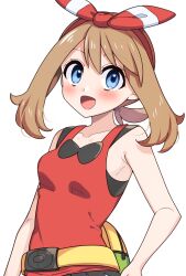 Rule 34 | 1girl, :d, bare arms, blue eyes, blush, bow hairband, breasts, collarbone, commentary, creatures (company), eyelashes, fanny pack, game freak, hairband, highres, may (pokemon), medium breasts, nintendo, open mouth, pokemon, pokemon oras, red hairband, red shirt, shirt, sleeveless, sleeveless shirt, smile, solo, tongue, yellow bag, yuihico