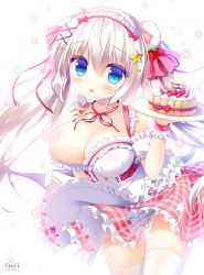 Rule 34 | 1girl, animal ears, bear ears, bear tail, blonde hair, blue eyes, breasts, cake, carrying, chestnut mouth, cleavage, cream, dress, finger to mouth, food, highres, large breasts, long hair, open mouth, original, plate, ribbon, sasai saji, solo, tail, thigh gap, thighhighs, twintails, very long hair, waitress, white thighhighs, wind, wind lift, zettai ryouiki
