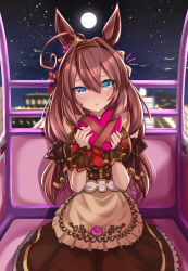 Rule 34 | 1girl, ahoge, animal ears, apron, blue eyes, blurry, blurry background, blush, box, brown apron, brown dress, brown hair, clothing cutout, commentary, dress, ferris wheel interior, frilled cuffs, frilled sleeves, frills, full moon, gift, hairband, heart-shaped box, highres, holding, holding gift, horse ears, horse girl, long hair, looking at viewer, medium dress, mihono bourbon (code:glassage) (umamusume), mihono bourbon (umamusume), moon, night, night sky, notice lines, official alternate costume, outdoors, parted lips, red hairband, short sleeves, shoulder cutout, sitting, sky, solo, teaclaw, umamusume, valentine, waist apron