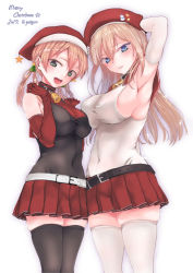 Rule 34 | 2girls, alternate costume, arm up, armpits, artist request, bare shoulders, bell, belt, bismarck (kancolle), black legwear, blonde hair, blue eyes, breasts, clothing cutout, detached sleeves, elbow gloves, english text, gloves, hair between eyes, hat, kantai collection, large breasts, long hair, looking at viewer, merry christmas, miniskirt, multiple girls, navel cutout, open mouth, pleated skirt, prinz eugen (kancolle), red hat, red skirt, santa costume, santa hat, simple background, skindentation, skirt, smile, tagme, thighhighs, twintails, white background, white legwear