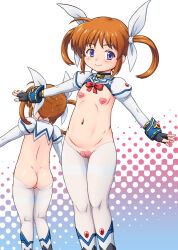 Rule 34 | 1girl, ass, azusa norihee, blue eyes, blush, breasts, brown hair, cameltoe, cleft of venus, closed mouth, covered erect nipples, fingerless gloves, gloves, hair ribbon, heart pasties, looking at viewer, lyrical nanoha, magical girl, mahou shoujo lyrical nanoha, mahou shoujo lyrical nanoha a&#039;s, meme attire, navel, pasties, reverse bunnysuit, reverse outfit, ribbon, small breasts, smile, solo, takamachi nanoha, twintails