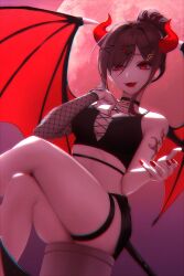 Rule 34 | 100year, 1girl, arm tattoo, black bustier, black choker, black shorts, blood on mouth, breasts, brown hair, bustier, choker, commentary, cross-laced clothes, cross-laced top, crossed legs, demon girl, demon horns, demon tail, demon wings, earrings, fangs, fishnet armwear, fortissimo, full moon, hair bun, hair ornament, hand on own chest, highres, horns, indie virtual youtuber, jewelry, looking at viewer, medium breasts, midriff, miori celesta, moon, musical note, musical note hair ornament, nail polish, open mouth, red eyes, red horns, red nails, red wings, short shorts, shorts, single earring, single hair bun, sitting, solo, symbol-only commentary, tail, tattoo, thigh strap, thighs, treble clef, virtual youtuber, wings, x hair ornament