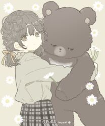 Rule 34 | 1girl, artist name, black hair, black skirt, braid, brown eyes, closed mouth, commentary, cowboy shot, floral background, flower, flower (symbol), frilled shirt, frills, grey background, grey shirt, hair ribbon, highres, holding, holding flower, hugging object, large teddy bear, long sleeves, looking at viewer, medium hair, necono naco, no nose, orange ribbon, original, oversized object, plaid, plaid skirt, pout, ribbon, shirt, shirt tucked in, signature, simple background, skirt, solo, stuffed animal, stuffed toy, teddy bear, white flower