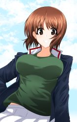 Rule 34 | 1girl, absurdres, aikir (jml5160), blue jacket, blue sky, breasts, brown eyes, brown hair, cloud, cloudy sky, commentary, cowboy shot, girls und panzer, green shirt, grin, hand on own hip, highres, jacket, large breasts, long sleeves, looking at viewer, military, military uniform, nishizumi miho, ooarai military uniform, pleated skirt, shirt, short hair, skirt, sky, smile, solo, standing, uniform, white skirt