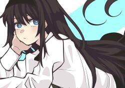 Rule 34 | black hair, black headband, blue eyes, commentary request, hand on own cheek, hand on own face, headband, highres, long hair, long sleeves, looking at viewer, shirt, simple background, tohno akiha, tsukihime, tsukihime (remake), ttumupen, white shirt