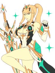 Rule 34 | 1girl, armor, bare shoulders, blonde hair, breasts, cleavage, cosplay, dress, elbow gloves, flat color, gloves, hair ornament, highres, jewelry, large breasts, long hair, looking at viewer, metroid, mole, mole under mouth, mythra (xenoblade), mythra (xenoblade) (cosplay), nintendo, ponytail, samus aran, simple background, smile, solo, sparkle, sword, truejekart, very long hair, weapon, white background, xenoblade chronicles (series), xenoblade chronicles 2, yellow eyes