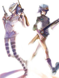 Rule 34 | 2girls, barefoot, boots, cyborg noodle, dual wielding, gorillaz, gun, highres, holding, mask, multiple girls, noodle (gorillaz), serious, simple background, thighhighs, weapon, white background