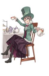 Rule 34 | 1girl, :d, alice in wonderland, ange (princess principal), black footwear, blue eyes, boots, bow, bowtie, braid, brown footwear, chair, cosplay, cross-laced clothes, cross-laced footwear, cup, dress, food, full body, green hat, grey hair, hat, highres, long sleeves, looking at viewer, mad hatter (alice in wonderland), mad hatter (alice in wonderland) (cosplay), napkin, official art, open mouth, pantyhose, plate, princess principal, princess principal game of mission, sitting, smile, table, teacup, teapot, tiered tray, transparent background