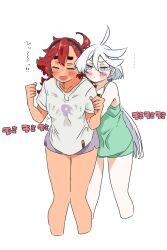 Rule 34 | 2girls, ahoge, be go ichi, black hairband, blush, commentary request, cropped legs, embarrassed, green shirt, grey eyes, groping, gundam, gundam suisei no majo, hair between eyes, hairband, hands on another&#039;s chest, highres, long hair, looking at another, miorine rembran, multiple girls, official alternate costume, open mouth, purple shorts, red hair, shirt, short shorts, short sleeves, shorts, simple background, sleepwear, sleeveless, sleeveless shirt, standing, suletta mercury, swept bangs, t-shirt, thick eyebrows, translation request, white background, white hair, white shirt, yuri