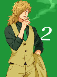 Rule 34 | 1boy, blonde hair, brown pants, brown vest, cigarette, cowboy shot, facial hair, green necktie, hair over one eye, hand up, highres, hinata (ryohinata), holding, holding clothes, holding jacket, inugami kohachi, jacket, kemono jihen, looking at viewer, male focus, necktie, pants, shirt, simple background, smoking, solo, stubble, vest