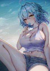Rule 34 | 1girl, absurdres, ahoge, bare shoulders, blue hair, blush, breasts, candy, cleavage, crop top, denim, denim shorts, elf, food, hair between eyes, heart, heart ahoge, highres, holding, holding candy, holding food, holding lollipop, hololive, large breasts, lollipop, looking at viewer, midriff, mito soosu, navel, pointy ears, shirt, short shorts, shorts, sleeveless, sleeveless shirt, solo, spaghetti strap, sweat, thighs, virtual youtuber, yellow eyes, yukihana lamy