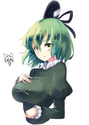 Rule 34 | 2girls, blush stickers, breasts, chibi, chibi inset, cropped torso, deetamu, dress, green dress, green eyes, green hair, hand on own chest, hat, highres, juliet sleeves, long sleeves, looking at viewer, multiple girls, pointy hair, puffy sleeves, simple background, soga no tojiko, tate eboshi, touhou, toyosatomimi no miko, white background