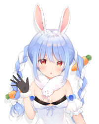 Rule 34 | 1girl, :o, animal ear fluff, animal ears, bare shoulders, black gloves, black leotard, blue hair, bow, braid, breasts, carrot hair ornament, detached sleeves, don-chan (usada pekora), dress, drop shadow, food-themed hair ornament, fur-trimmed gloves, fur trim, gloves, hair between eyes, hair bow, hair ornament, hand up, hololive, leotard, long hair, multicolored hair, parted lips, puffy short sleeves, puffy sleeves, rabbit ears, shizukawashi sumi, short eyebrows, short sleeves, simple background, small breasts, solo, strapless, strapless dress, strapless leotard, thick eyebrows, twin braids, twintails, two-tone hair, upper body, usada pekora, usada pekora (1st costume), very long hair, virtual youtuber, white background, white bow, white dress, white hair, white sleeves