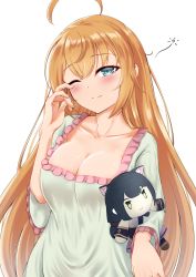 Rule 34 | 1girl, absurdres, ahoge, blue eyes, blush, breasts, character doll, cleavage, collarbone, commentary request, doll, dress, head tilt, herohero illust, highres, holding, holding doll, karyl (princess connect!), large breasts, long hair, one eye closed, orange hair, pecorine (princess connect!), princess connect!, rubbing eyes, simple background, sleepy, solo, split mouth, very long hair, white background, white dress