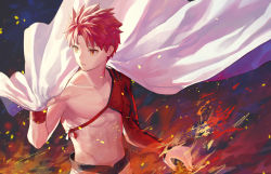 Rule 34 | 1boy, cape, embers, emiya shirou, fate/grand order, fate (series), fire, hand rest, holding, holding cape, holding clothes, igote, limited/zero over, looking to the side, male focus, orange eyes, red hair, senji muramasa (fate), solo, tesin (7aehyun), toned, toned male, upper body, wind, wristband
