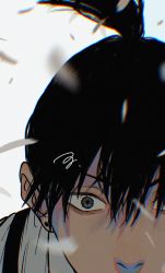 Rule 34 | 1boy, black hair, body straps, chainsaw man, ear piercing, glitch, hair between eyes, hayakawa aki, highres, looking at viewer, mouth out of frame, piercing, simple background, solo, surprised, topknot, ufufuahaha okg