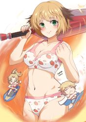 Rule 34 | 1boy, 2girls, artist name, bikini, blonde hair, blush, breasts, brother and sister, cleavage cutout, clothing cutout, colored eyelashes, dated, fate/grand order, fate (series), fire, food print, gareth (fate), gareth (swimsuit saber) (fate), gareth (swimsuit saber) (second ascension) (fate), gawain (fate), groin, highres, iron samurai, medium breasts, mordred (fate), mordred (fate) (all), mordred (swimsuit rider) (fate), mordred (swimsuit rider) (first ascension) (fate), multiple girls, prydwen (fate), red bikini, red scrunchie, scrunchie, siblings, side-tie bikini bottom, sisters, smile, strawberry print, surfboard, surfing, swimsuit, weapon request, white bikini