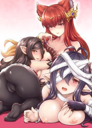 Rule 34 | 3girls, animal ears, antenna hair, anthuria, ariesu watanabe, arulumaya, ass, bandage over one eye, bandaged arm, bandages, black gloves, black hair, black legwear, blush, breasts, brown eyes, cameltoe, collarbone, danua, draph, erune, fingerless gloves, gloves, granblue fantasy, hair between eyes, hair ornament, harvin, horn ornament, horns, large breasts, long hair, looking at viewer, looking back, multiple girls, pantyhose, pointy ears, red eyes, red hair, small breasts, smile