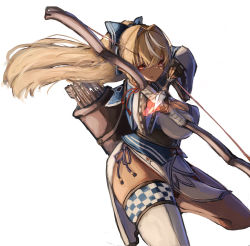 Rule 34 | 1girl, absurdres, arrow (projectile), blonde hair, bow, bow (weapon), breasts, cleavage, cleavage cutout, clothing cutout, cowboy shot, dark-skinned female, dark skin, determined, drawing bow, elf, fighting stance, hair bow, high ponytail, highres, holding, holding bow (weapon), holding weapon, hololive, hololive fantasy, inre kemomimi, knee up, large breasts, leg up, long hair, looking at viewer, multicolored hair, panties, pelvic curtain, pointy ears, purple eyes, quiver, red eyes, shiranui flare, shiranui flare (old design), side-tie panties, side slit, simple background, single thighhigh, skindentation, solo, standing, standing on one leg, streaked hair, thick thighs, thighhighs, thighs, underbust, underwear, virtual youtuber, weapon, white background, white thighhighs, wide sleeves