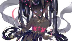 Rule 34 | 1girl, bare shoulders, black hair, blue eyes, brown horns, claws, dark-skinned female, dark skin, earrings, artistic error, fangs, flat chest, highres, hoop hair ornament, horns, ibex, jewelry, looking at viewer, oni horns, open mouth, original, pointy ears, twintails, upper body, white background