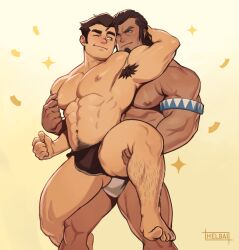 Rule 34 | 2boys, abs, absurdres, age difference, armpit hair, armpits, artist name, avatar legends, bara, black hair, bolin, bulge, bulge to ass, closed mouth, dark-skinned male, dark skin, dry humping, fundoshi, helbai, highres, holding another&#039;s leg, humping, imminent anal, imminent penetration, japanese clothes, large pectorals, leg around around another&#039;s leg, leg hair, looking at another, male focus, mature male, multiple boys, muscular, muscular male, navel, navel hair, nipple stimulation, nipple tweak, nipples, one eye closed, pectorals, short hair, smile, sparkle background, the legend of korra, thick thighs, thighs, tonraq, yaoi