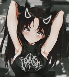 Rule 34 | 1girl, armpits, arms up, artist request, black hair, blush, character request, demon horns, fate/stay night, fate (series), horns, long hair, meme attire, no hands, serious, source request, sweater, third-party edit, tohsaka rin, virgin killer sweater