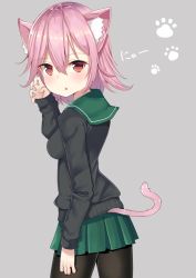 Rule 34 | 1girl, akino ell, animal ears, black pantyhose, blush, cat ears, cat tail, green sailor collar, green skirt, grey background, hair between eyes, highres, kantai collection, kemonomimi mode, long sleeves, looking at viewer, open mouth, pantyhose, paw print, pink hair, pleated skirt, red eyes, sailor collar, short hair, simple background, skirt, solo, tail, tama (kancolle)