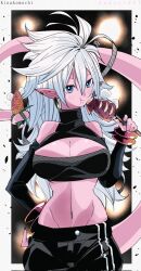 1girl android_21 black_pants blue_eyes bracelet breasts cleavage cleavage_cutout clothing_cutout colored_skin detached_sleeves dragon_ball dragon_ball_fighterz earrings eating female_focus food hand_on_own_hip highres jewelry kinakomochi_(user_vedc2333) long_hair looking_at_viewer majin_android_21 navel pants pink_skin pointy_ears solo tail turtleneck white_hair