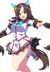 Rule 34 | 1girl, animal ears, asymmetrical gloves, bad id, bad twitter id, black gloves, braid, breasts, brown hair, gloves, hair ribbon, half gloves, hat, hokko tarumae (umamusume), holding, holding microphone, horse ears, horse girl, horse tail, large breasts, long hair, low twin braids, medium breasts, microphone, miniskirt, mismatched gloves, multicolored hair, open mouth, outstretched arm, purple eyes, ribbon, sailor collar, shirt, simple background, skirt, smile, socks, solo, standing, standing on one leg, streaked hair, tail, teeth, thighs, twin braids, umamusume, upper teeth only, very long hair, vococo, white gloves, white hat, white shirt, white skirt, white socks