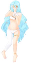 Rule 34 | 1girl, anklet, aqua hair, archived source, azura (fire emblem), blue hair, blush, breasts, collarbone, covering privates, covering breasts, embarrassed, facing viewer, feet, fire emblem, fire emblem fates, fire emblem heroes, full body, gluteal fold, groin, hair between eyes, hand in own hair, hand on own chest, highres, holding, holding clothes, jewelry, light blue hair, long hair, looking up, low tied hair, navel, nintendo, open mouth, pants, small breasts, solo, surprised, sweatdrop, thighlet, thighs, topless, transparent background, tridisart, very long hair, yellow eyes