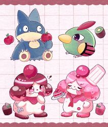 Rule 34 | animal focus, apple, beak, blue skin, cake, chef hat, closed eyes, colored skin, commentary request, creatures (company), cupcake, eating, food, fork, fruit, game freak, gen 2 pokemon, gen 4 pokemon, gen 6 pokemon, green skin, grid background, hat, kiwi (fruit), letterboxed, mochopaccho, munchlax, natu, necktie, nintendo, no humans, pokemon, pokemon (creature), red necktie, simple background, sitting, slurpuff, solid oval eyes, sweat, tongue, tongue out, white background