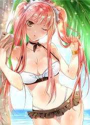 Rule 34 | 1girl, apple inc., ass, bare shoulders, beach, bikini, blush, bracelet, breasts, brown eyes, cellphone, cellphone photo, cleavage, commentary request, crown, day, fate/grand order, fate (series), gold bracelet, headband, highres, iphone, jewelry, large breasts, long hair, looking at viewer, medb (fate), medb (swimsuit saber) (fate), medb (swimsuit saber) (second ascension) (fate), miniskirt, ocean, one eye closed, open mouth, palm tree, phone, pink hair, raimu (yuzu-raimu), selfie, skirt, smartphone, solo, sparkle, swimsuit, thighs, tiara, tree, twintails, very long hair, white bikini