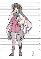 Rule 34 | 1boy, 1girl, admiral (kancolle), black footwear, black hair, boots, bow, breasts, cross-laced footwear, dress, fang, full body, giant, giantess, height chart, highres, jacket, kantai collection, lace-up boots, long hair, long sleeves, looking at viewer, medium breasts, multicolored hair, naganami (kancolle), open mouth, orange eyes, pants, pantyhose, pink hair, pink pantyhose, purple dress, seo tatsuya, shirt, short hair, simple background, size difference, sketch, solo focus, standing, tongue, torpedo tubes, two-tone hair, very long hair, white background, white jacket, white pants, white shirt, yellow bow