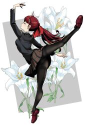 Rule 34 | 1girl, bow, closed eyes, dancing, flower, highres, ito (daisukidanchi), pantyhose, persona, persona 5, persona 5 the royal, ponytail, red footwear, red hair, school uniform, shoes, shuujin academy school uniform, skirt, striped clothes, striped skirt, yoshizawa kasumi