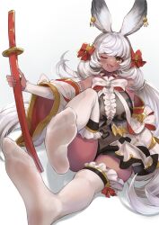 Rule 34 | 1girl, absurdres, animal ears, black leotard, blush, bow, breasts, dark-skinned female, dark skin, detached sleeves, elbow gloves, erune, gloves, granblue fantasy, highres, holding, holding sword, holding weapon, katana, large breasts, leotard, long hair, looking at viewer, makura (granblue fantasy), open mouth, rabbit ears, rabbit girl, sahara1127, smile, soles, solo, sword, thighhighs, very long hair, weapon, white bow, white hair, white rabbit ears, white thighhighs, yellow eyes