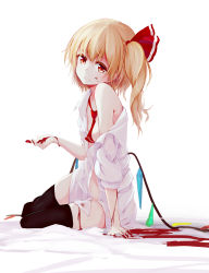Rule 34 | 1girl, black thighhighs, blonde hair, blood, blood on face, flandre scarlet, hair ribbon, highres, looking at viewer, lumo 1121, naked shirt, necktie, off shoulder, red eyes, red necktie, red ribbon, revision, ribbon, shirt, side ponytail, simple background, sitting, slit pupils, smile, solo, thighhighs, touhou, white background, white shirt, wings, yokozuwari