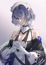Rule 34 | 1girl, arknights, black dress, breasts, cleavage, closed mouth, commentary, cross hair ornament, detached collar, detached sleeves, dress, eyepatch, fingers together, gloves, gradient background, gui mi, hair between eyes, hair ornament, hair over one eye, hat, highres, large breasts, long hair, looking at viewer, medical eyepatch, nurse cap, ponytail, purple background, purple eyes, purple hair, simple background, smile, solo, upper body, whisperain (arknights), white gloves, white hat