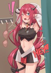 Rule 34 | 1girl, absurdres, blue eyes, blush, bra, breasts, caught, clothes hanger, collar, cosplay, hakos baelz, hakos baelz (1st costume), hakos baelz (cosplay), heterochromia, highres, hololive, hololive english, horns, irys (hololive), key, long hair, looking at viewer, medium breasts, miniskirt, multicolored hair, navel, pointy ears, purple hair, red hair, shift (shiftillust), skirt, spiked collar, spikes, streaked hair, underwear, very long hair, virtual youtuber