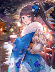 Rule 34 | 1girl, :d, architecture, blue eyes, blue flower, blue kimono, blue rose, blush, commentary request, cowboy shot, east asian architecture, floral print, flower, from behind, fur trim, hair flower, hair ornament, hair ribbon, hands up, holding, japanese clothes, kendo club president (rangu), kimono, lamp, long hair, long sleeves, looking at viewer, night, obi, open mouth, original, outdoors, ponytail, print kimono, rangu, ribbon, rose, sash, smile, snow, solo, tree, white ribbon, wide sleeves