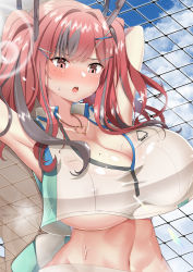 Rule 34 | 1girl, arms behind head, azur lane, blush, breasts, bremerton (azur lane), bremerton (scorching-hot training) (azur lane), chain-link fence, cleavage, covered erect nipples, crop top, crop top overhang, fence, grey hair, hair ornament, heart, heart necklace, highres, huge breasts, midriff, mole, mole on breast, mole under eye, multicolored hair, necklace, official alternate costume, pink eyes, pink hair, shirt, sleeveless, sleeveless shirt, solo, sportswear, streaked hair, takimoto yukari, tennis uniform, twintails, two-tone hair, two-tone shirt, two-tone skirt, x hair ornament